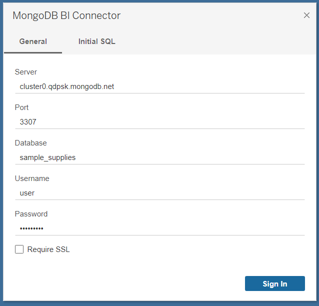 Provide details in the BI Connector Window